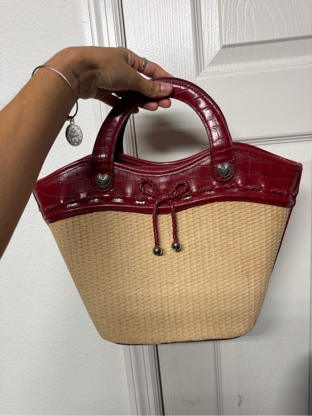 Woven Straw Tote Bag with Red Faux Croc Trim Cottagecore Summer Bag